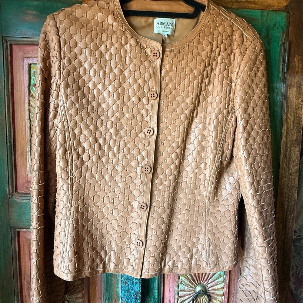 Armani Collezioni Tan Leather Jacket with Fitted Silhouette